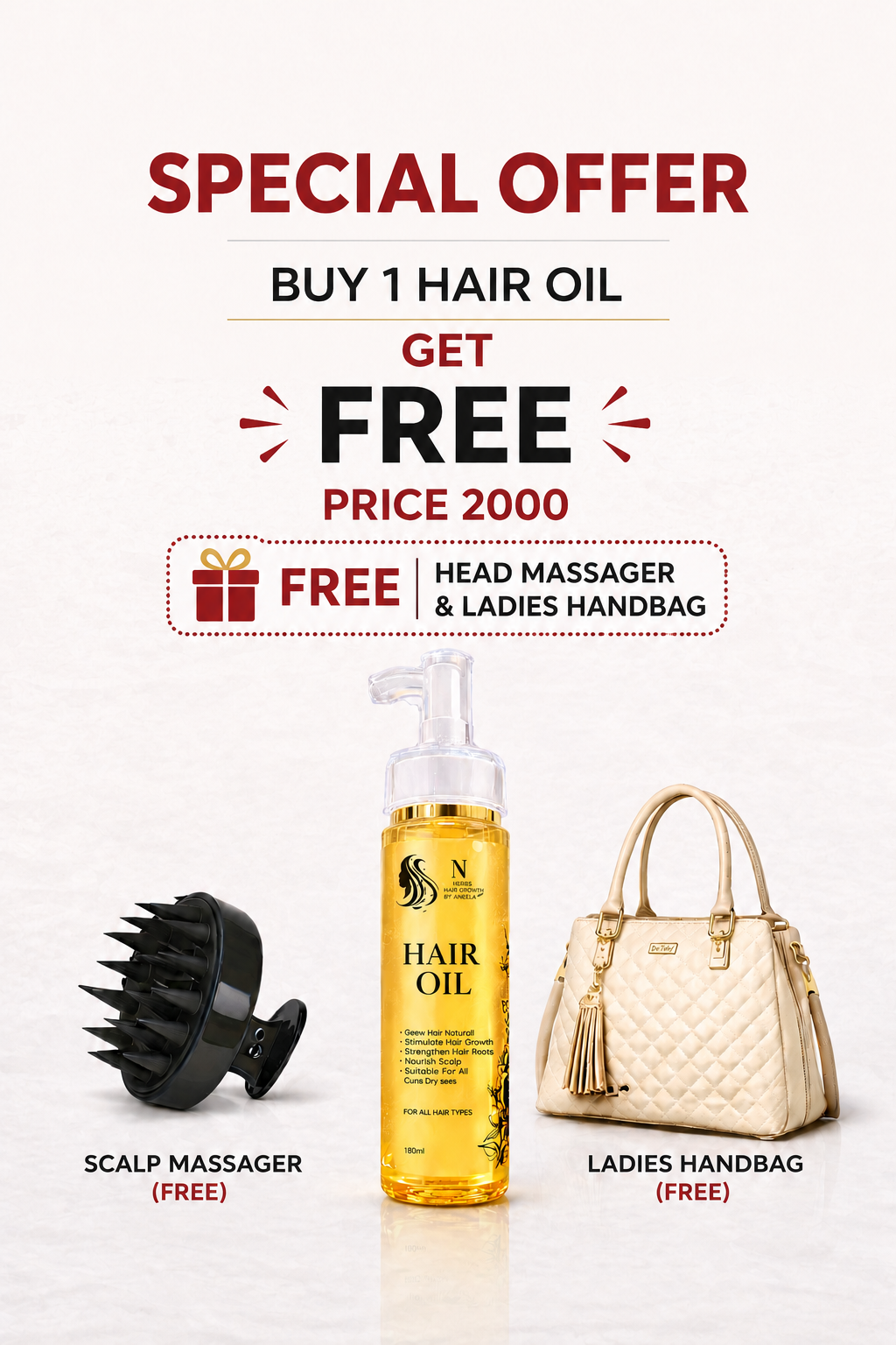 Aneela’s Herbal Hair Grow Oil With 1Head Massager And 1 Press On HandBag Free